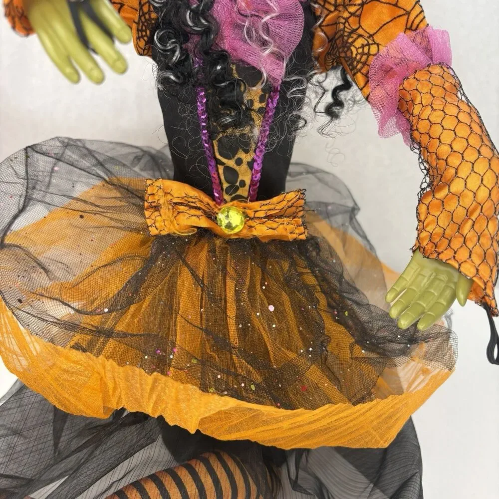 Vintage Halloween Witch Doll Shelf Sitter 30” Decor Orange Black Spooky Cute!